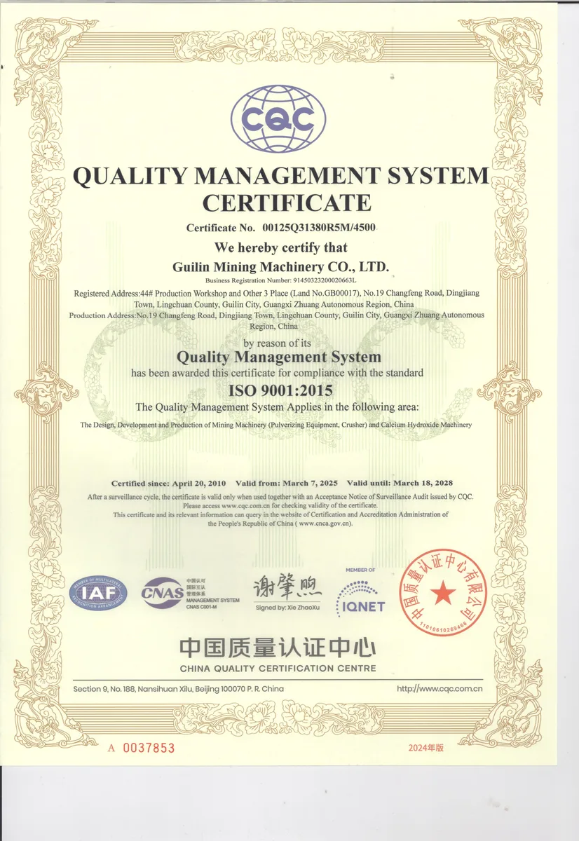 ISO quality management certificate in English